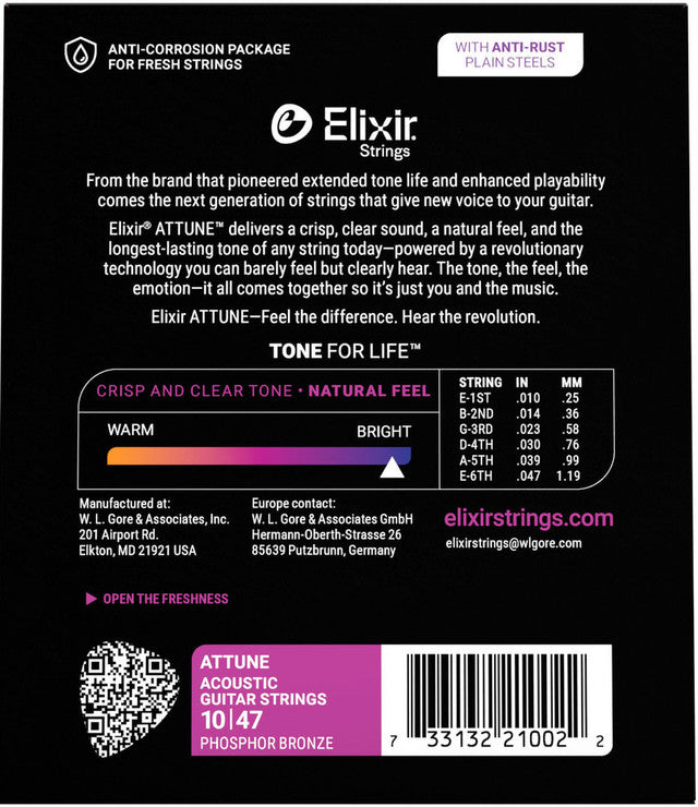 Elixir - ATTUNE Phosphor Bronze Extra Light Acoustic Guitar Strings #21002