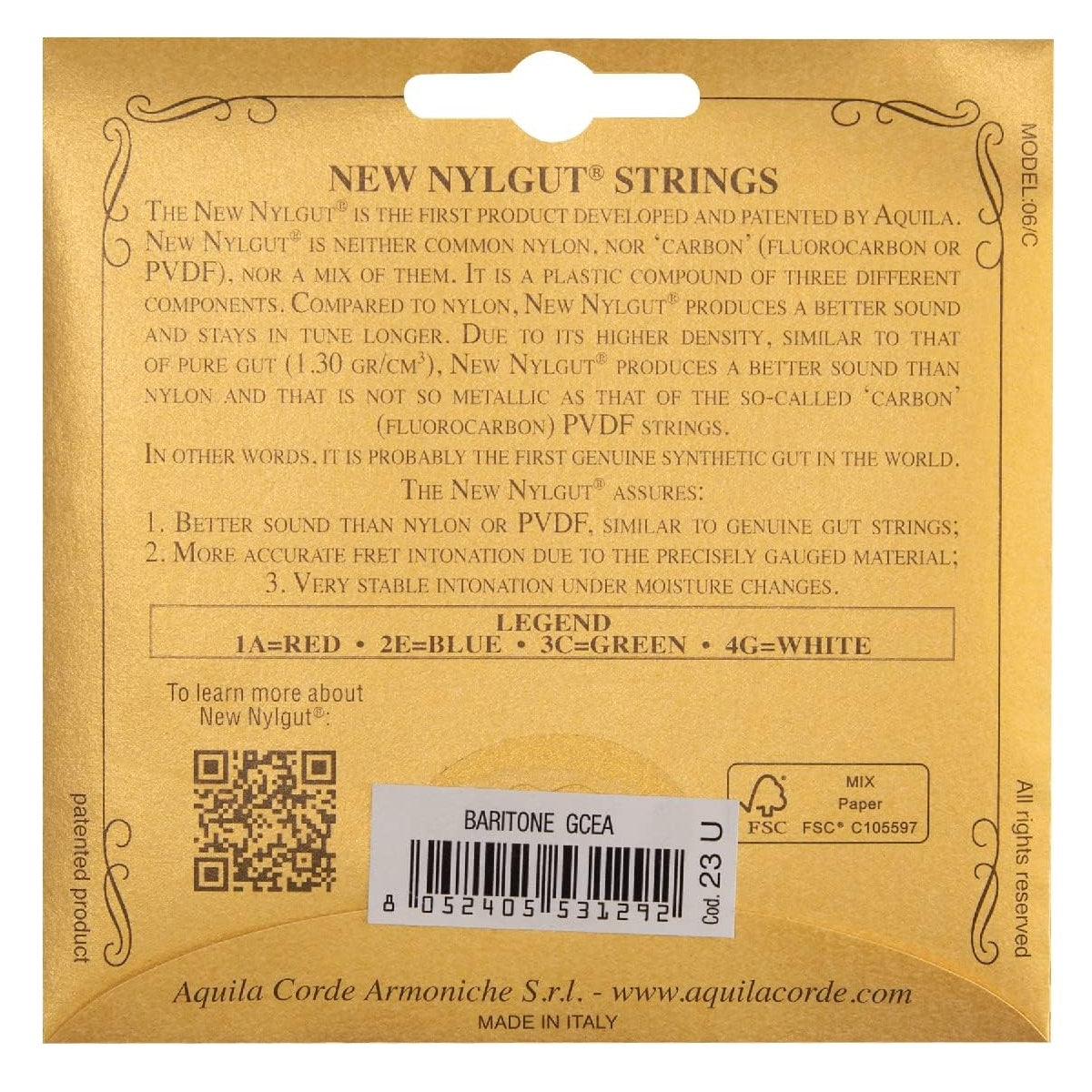 Aquila - 23U Nylgut Baritone High G Ukulele Strings Back