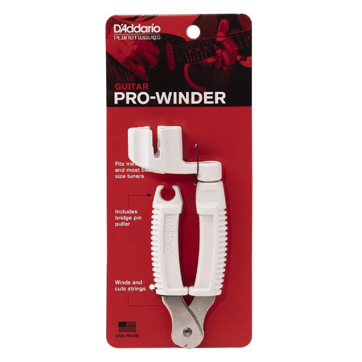 D'addario - Pro-Winder White String Winder, Cutter, & Bridge Pin Puller - DP0002W Packaging