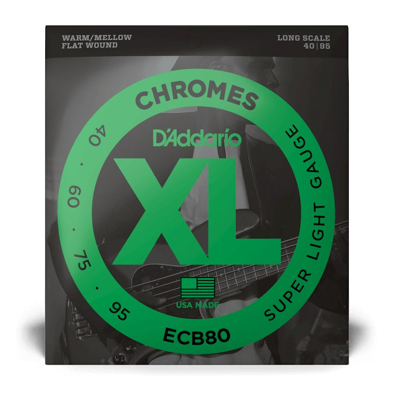 D’Addario – 40-95 Long Scale Bass Flat Wound Chromes – Super Light ECB80