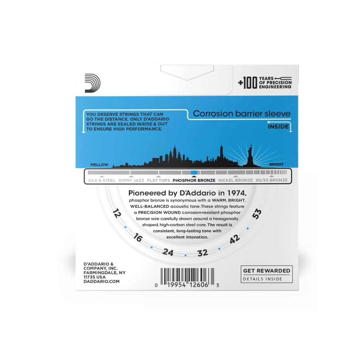 D'Addario - 12-53 3-Pack Light Acoustic Guitar Strings - EJ16-3D Back