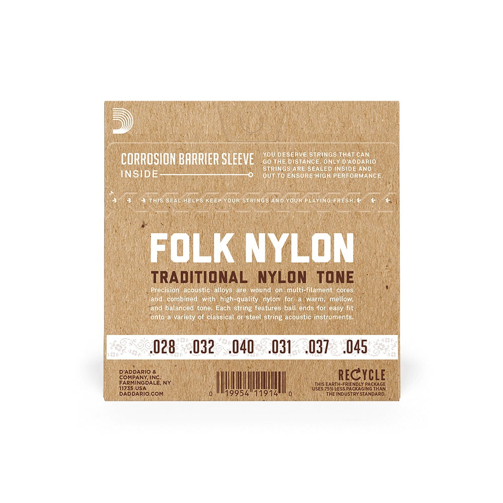 D'Addario - Folk Nylon Normal Tension Ball End Silver-Wound/Clear Nylon Classical Guitar Strings #EJ32C