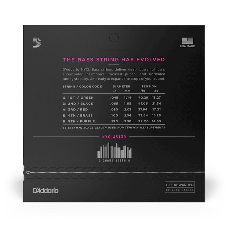 D'Addario - NYXL 5-String 45-130 Long Scale Bass Nickel Plated Steel - Regular Light