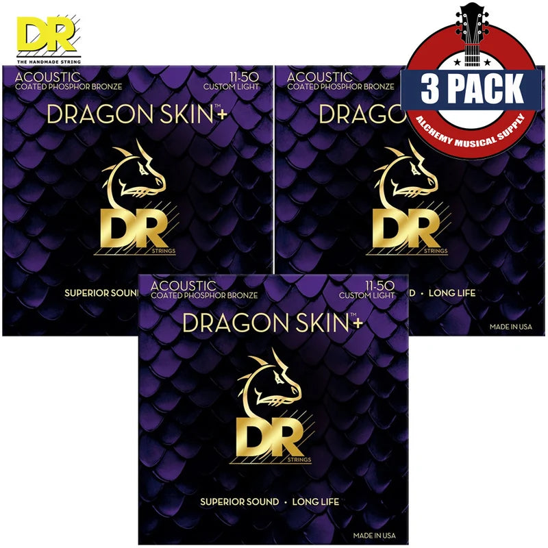 DR - Dragon Skin + Acoustic Guitar Strings, Phosphor Bronze Coated, 3 pack, Custom Light (.011-.050) #DAP-11-3PK