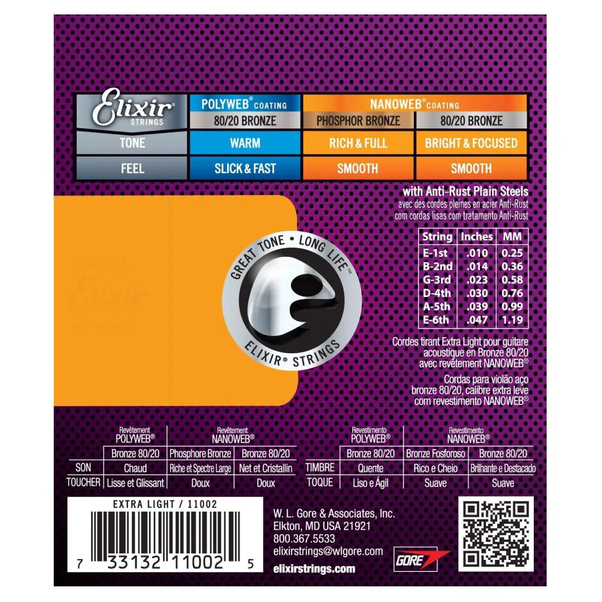 Elixir - 80/20 NANOWEB 10-47 Extra Light Acoustic Strings 11002 Back