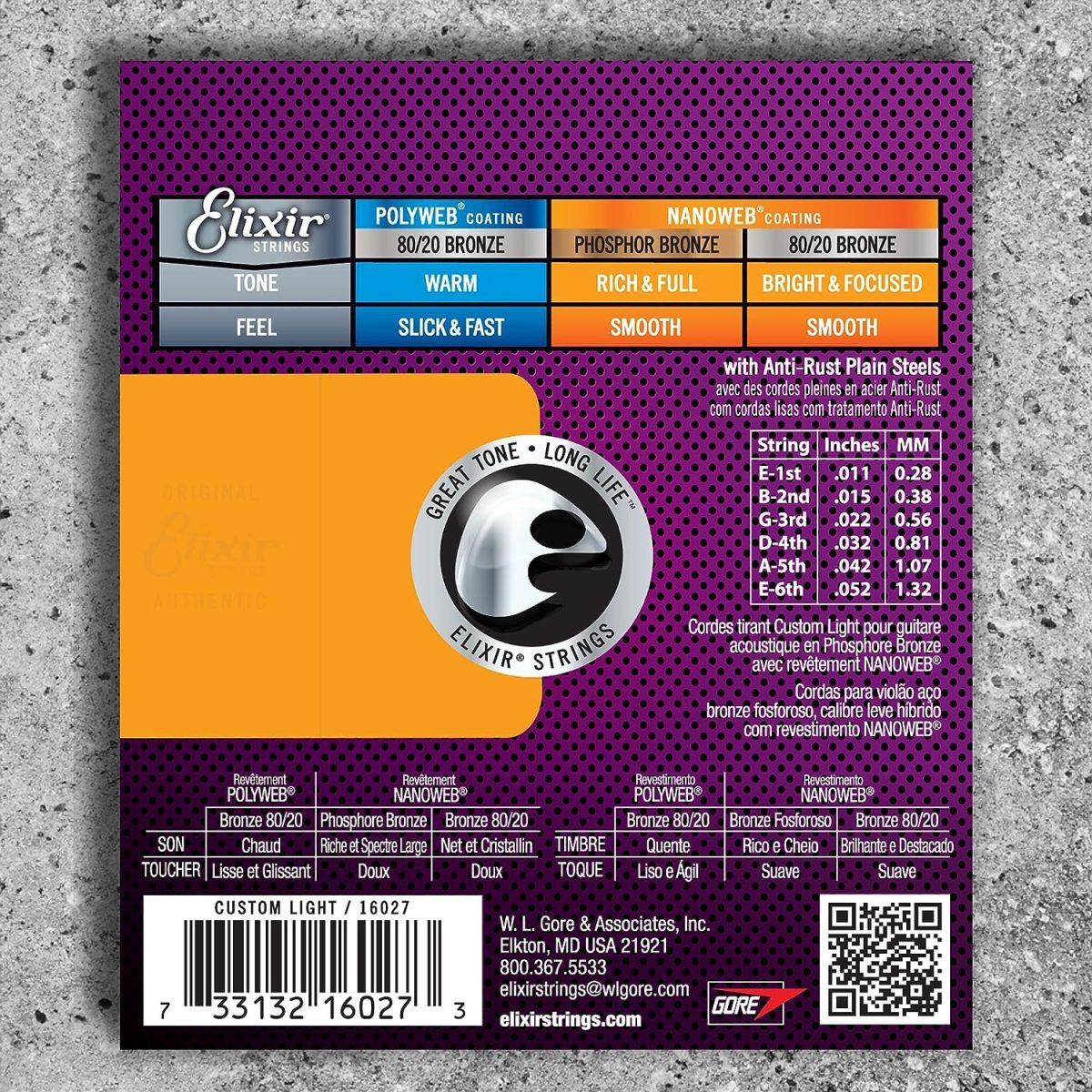 Elixir - 11-52 Phosphor Bronze Custom Light with Nanoweb Coating - 16027