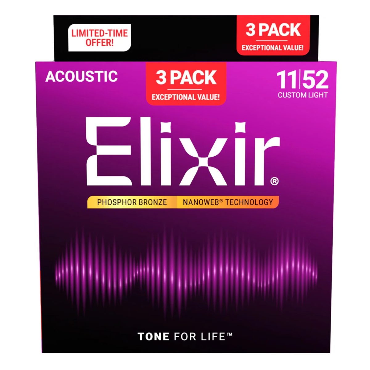 Elixir - 3-Pack 11-52 Phosphor Bronze with NANOWEB Coating - Custom Light #16568