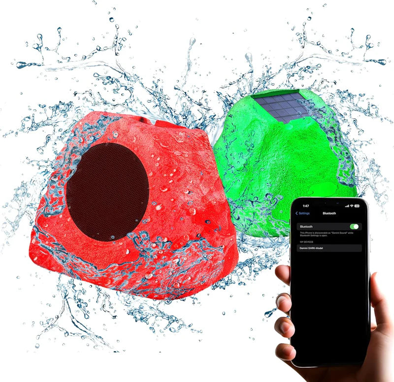 Gemini - Portable Solar Bluetooth Rock Speaker, Weather-Resistant, Multi-Link, Wireless & LED Lighting (Pair) #GHRK-500LTMS-PR