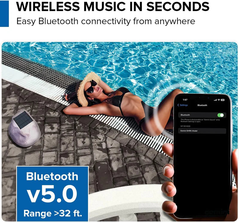 Gemini - Portable Solar Bluetooth Rock Speaker, Weather-Resistant, Multi-Link, Wireless & LED Lighting (Pair) #GHRK-500LTMS-PR