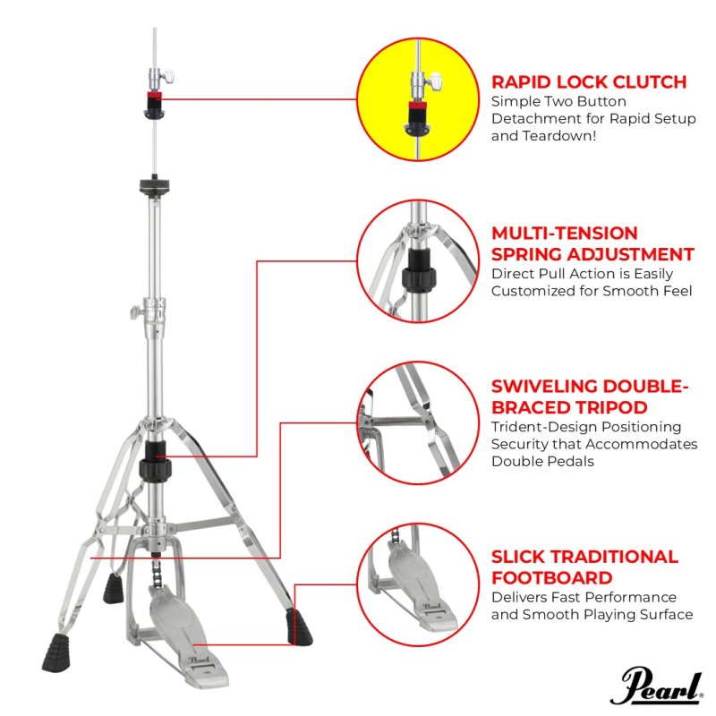 Pearl - Eliminator Solo Double-Braced Hit Hat Stand w/ HCL-105QR Quick Release Rapid Clutch #H-1030QR