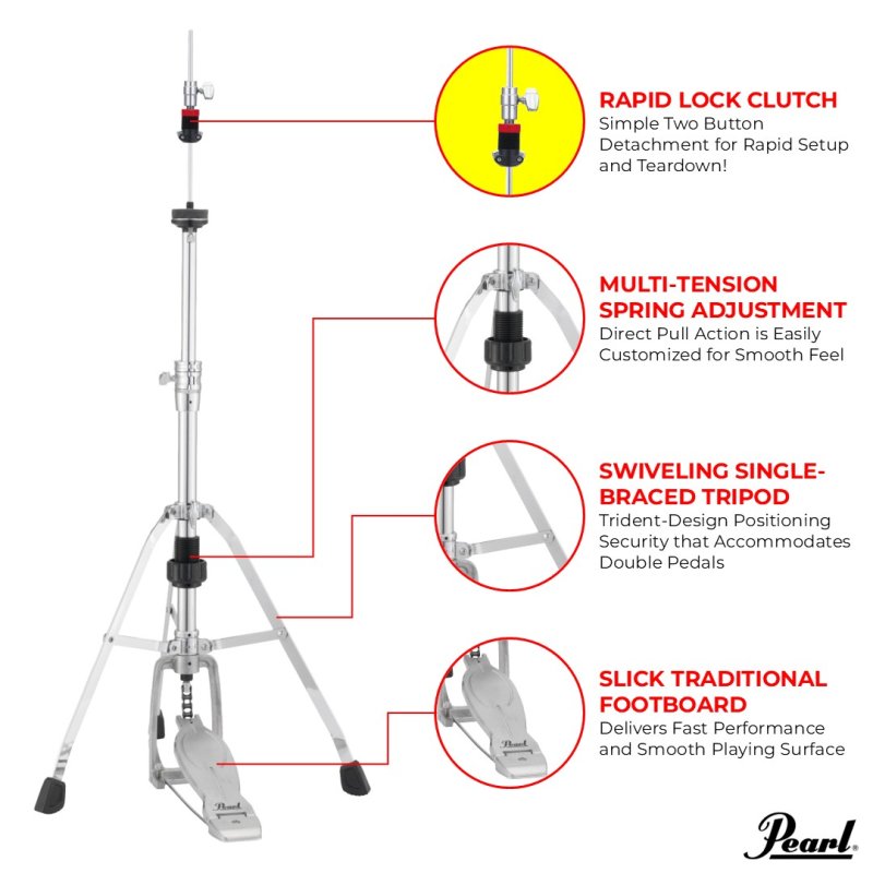 Pearl - Eliminator Solo Single-Braced Hit Hat Stand w/ HCL-105QR Quick Release Rapid Clutch #H-1030SQR