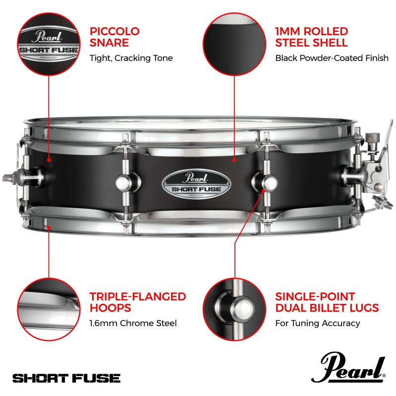 Pearl - 13" x 3.5" Short Fuse Piccolo Snare Drum, Black Steel #SFS1335B