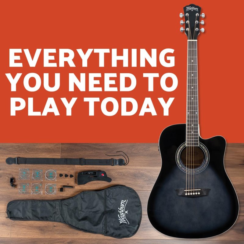 Washburn - Okoume Body Dreadnought Acoustic / Electric Guitar Pack With Built-In Tuner, Transparent Black Burst #WA90CETBBPACK