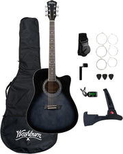 Washburn - Okoume Body Dreadnought Acoustic / Electric Guitar Pack With Built-In Tuner, Transparent Black Burst #WA90CETBBPACK