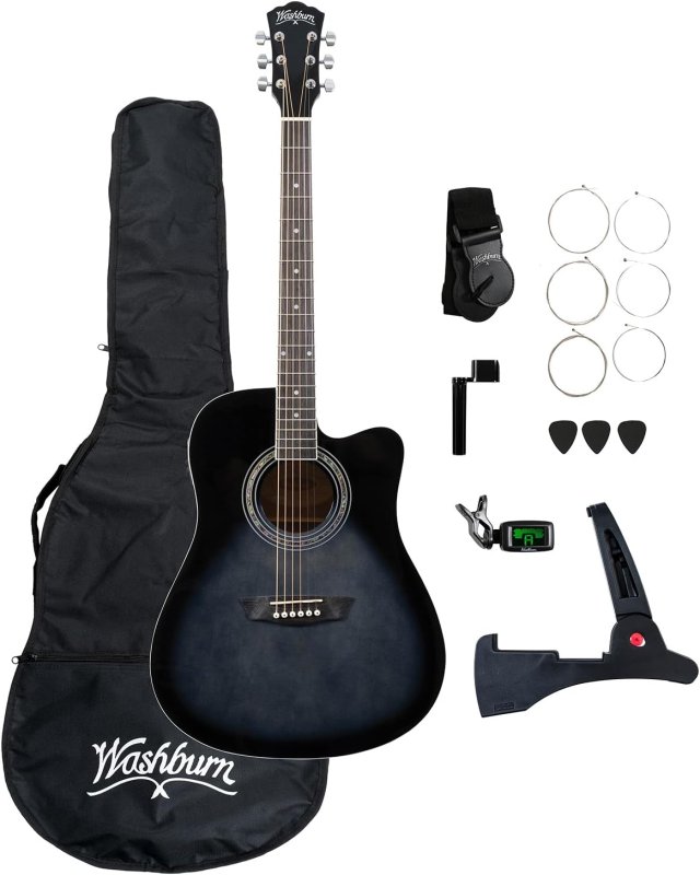 Washburn - Okoume Body Dreadnought Acoustic / Electric Guitar Pack With Built-In Tuner, Transparent Black Burst #WA90CETBBPACK
