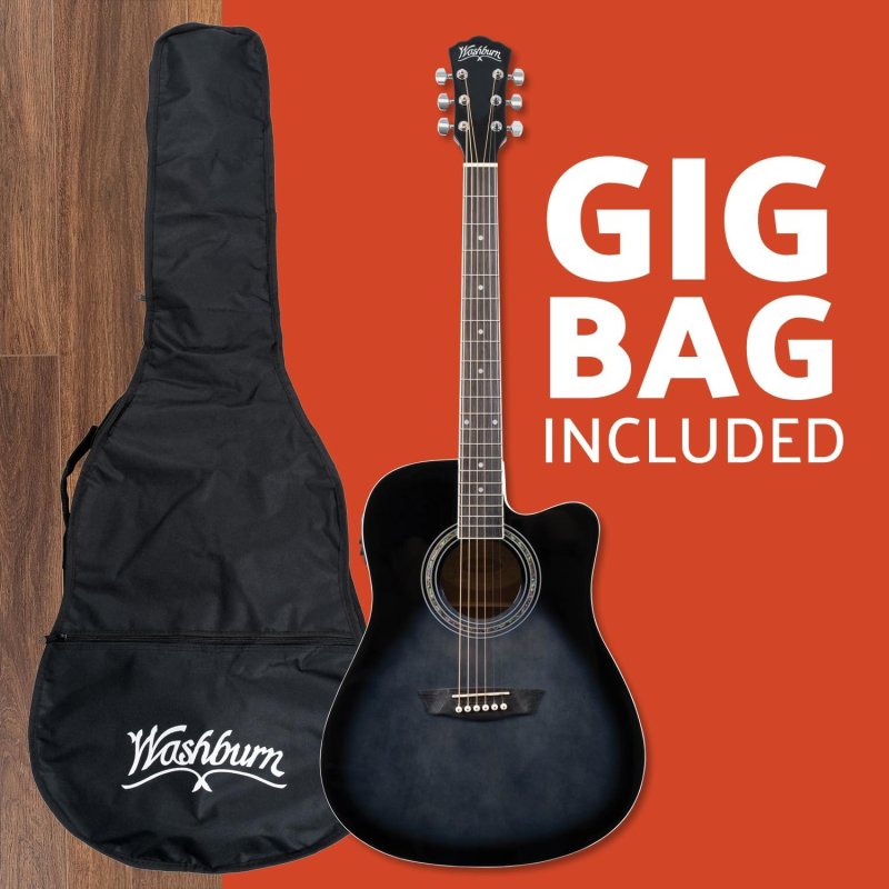 Washburn - Okoume Body Dreadnought Acoustic / Electric Guitar Pack With Built-In Tuner, Transparent Black Burst #WA90CETBBPACK