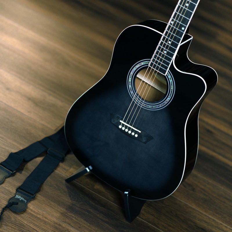 Washburn - Okoume Body Dreadnought Acoustic / Electric Guitar Pack With Built-In Tuner, Transparent Black Burst #WA90CETBBPACK
